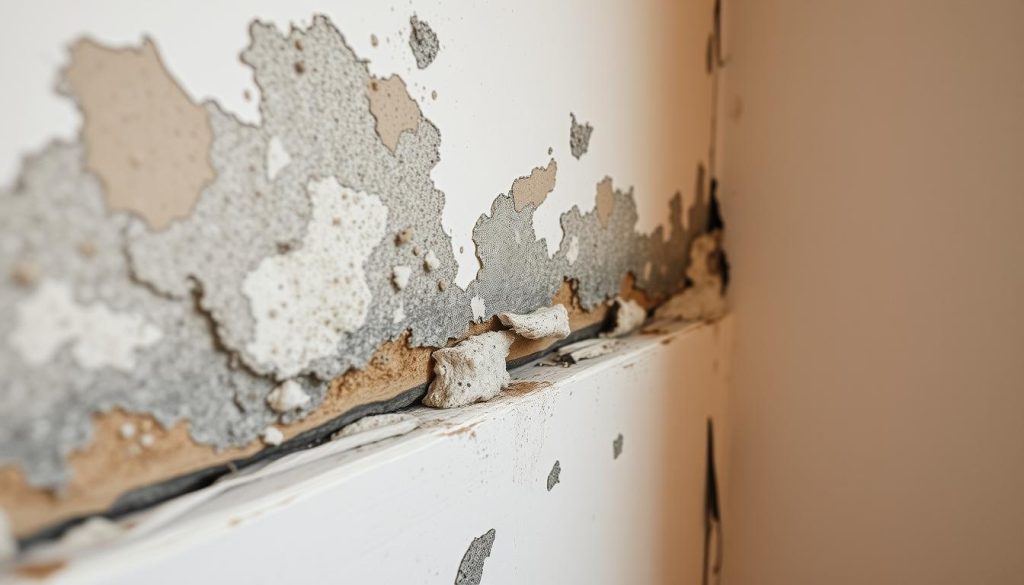 Fuktskada på vägg som orsakar mögellukt i hus