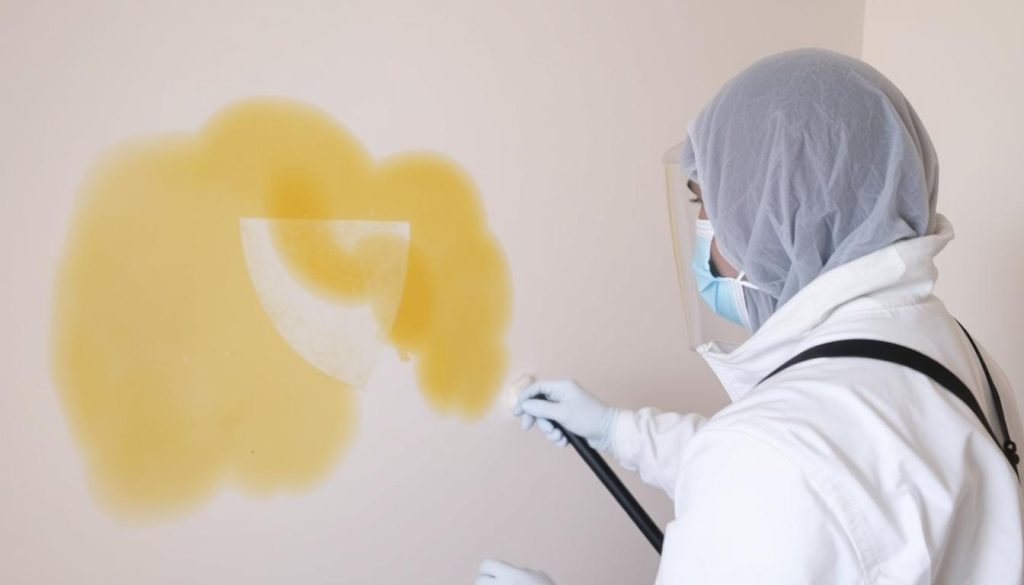 Nikotinsanering av en vägg med synliga gula nikotinfläckar