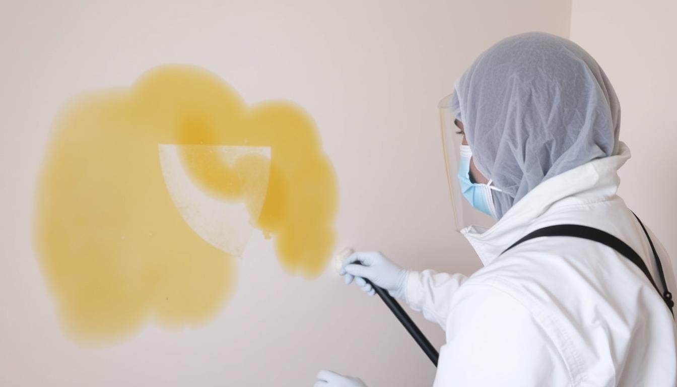 Nikotinsanering av en vägg med synliga gula nikotinfläckar