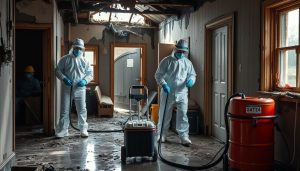 Professionell saneringsfirma utför sanering i skyddsutrustning