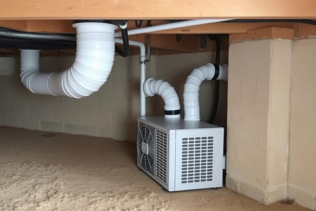 Sorptionsavfuktare installerad i krypgrund för luktsanering hus