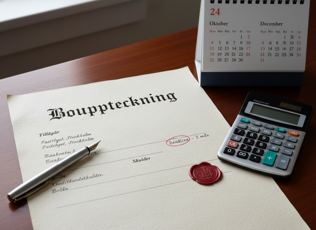 Dokument för bouppteckning med en penna och kalender som visar tidsfristen