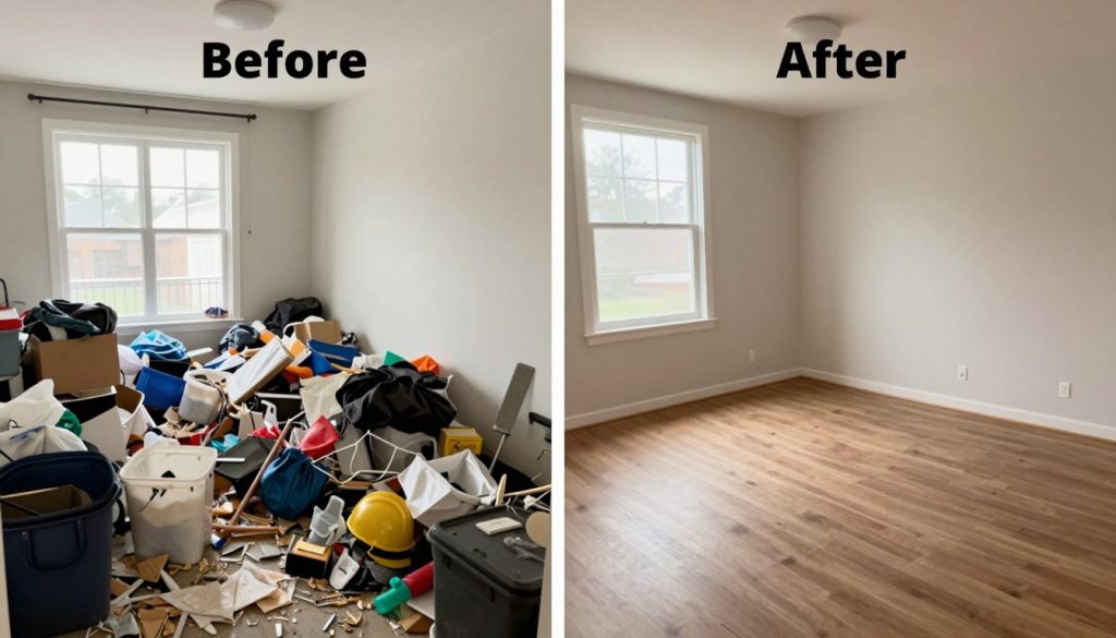 Ett rum före och efter sanering efter hoarding, som visar den positiva förändringen