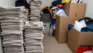 Ett rum med tydliga tecken på hoarding, med högar av föremål som blockerar gångar och skapar brandrisk