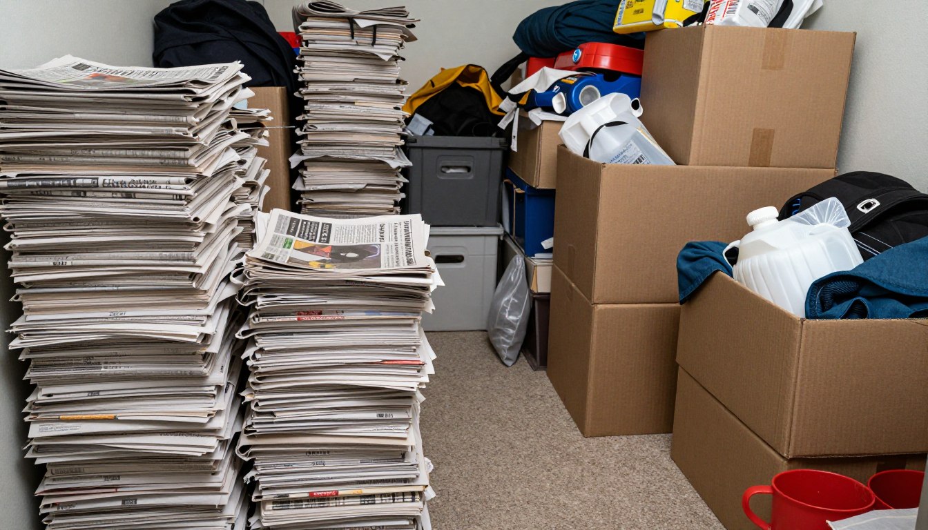 Ett rum med tydliga tecken på hoarding, med högar av föremål som blockerar gångar och skapar brandrisk