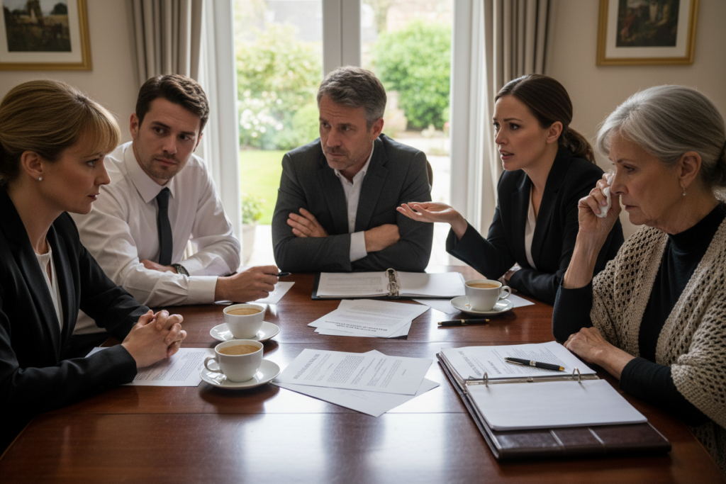 Familjemedlemmar i diskussion om ett dödsbo, visar tecken på konflikt