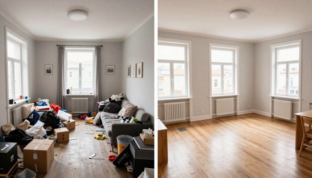 Före och efter bild av en röjning och sanering av lägenhet