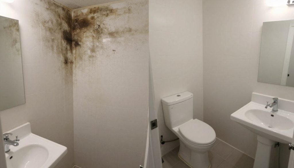 Före och efter bilder av sanering i ett kraftigt nedsmutsat badrum med mögel