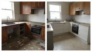 Före och efter sanering av ett kraftigt nedsmutsat kök