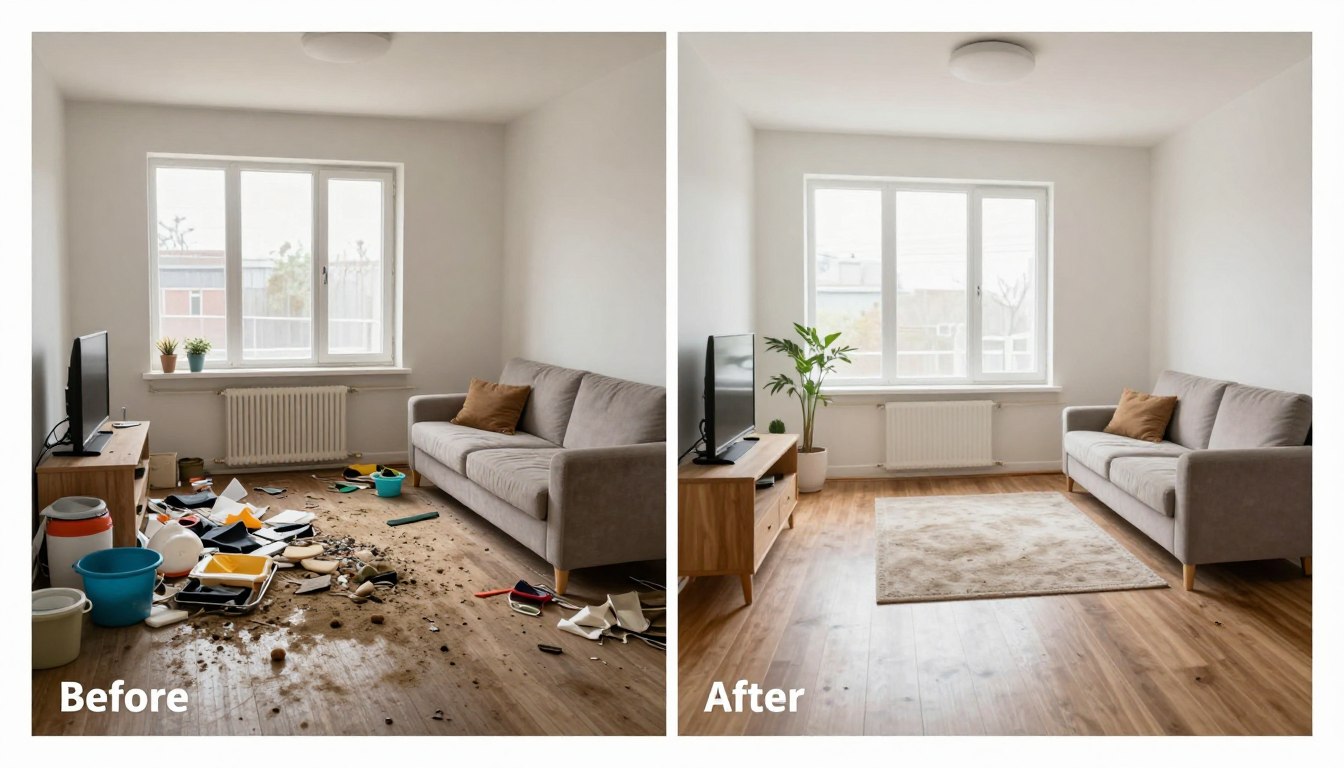 Före och efter sanering av extremt smutsig lägenhet