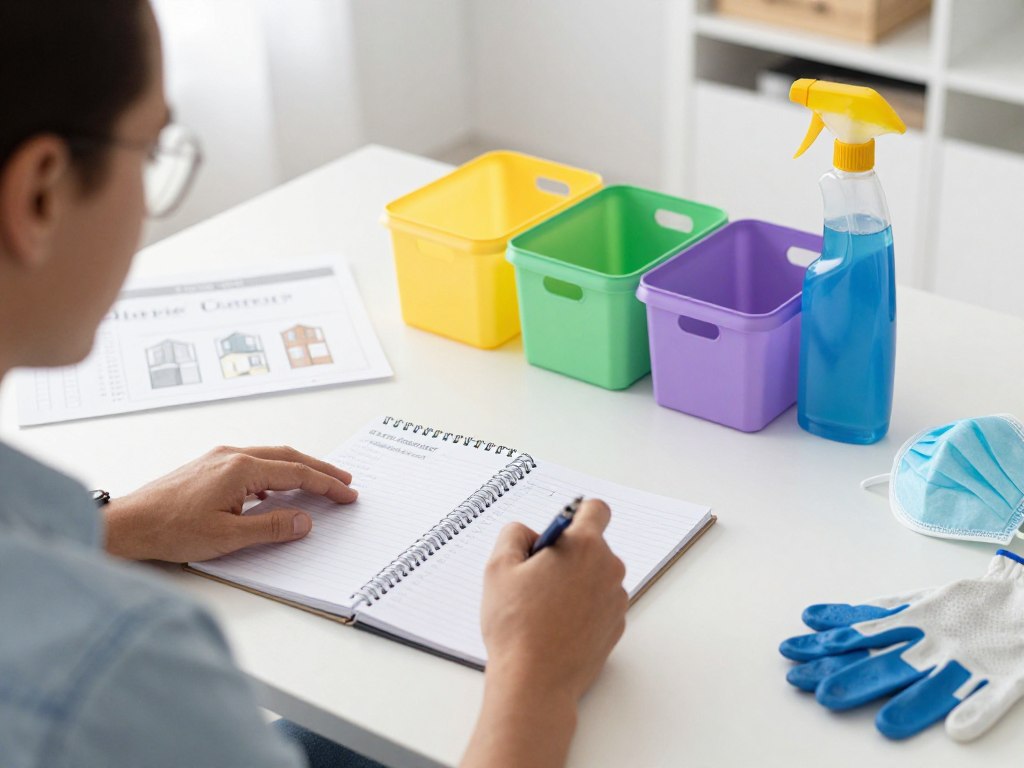 Person som planerar röjning och sanering av lägenhet med anteckningsblock och sorteringslådor