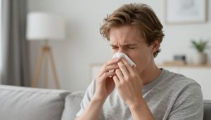 Person som reagerar på dålig lukt inomhus i vardagsrummet