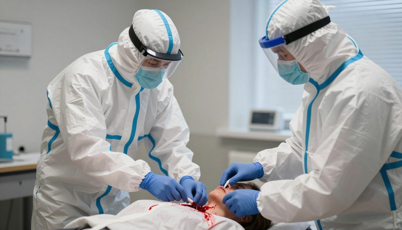 Professionell blodsanering efter dödsfall med tekniker i skyddsutrustning
