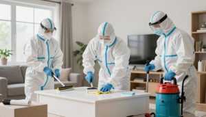 Professionell personal utför extremstädning av ett dödsbo med specialutrustning