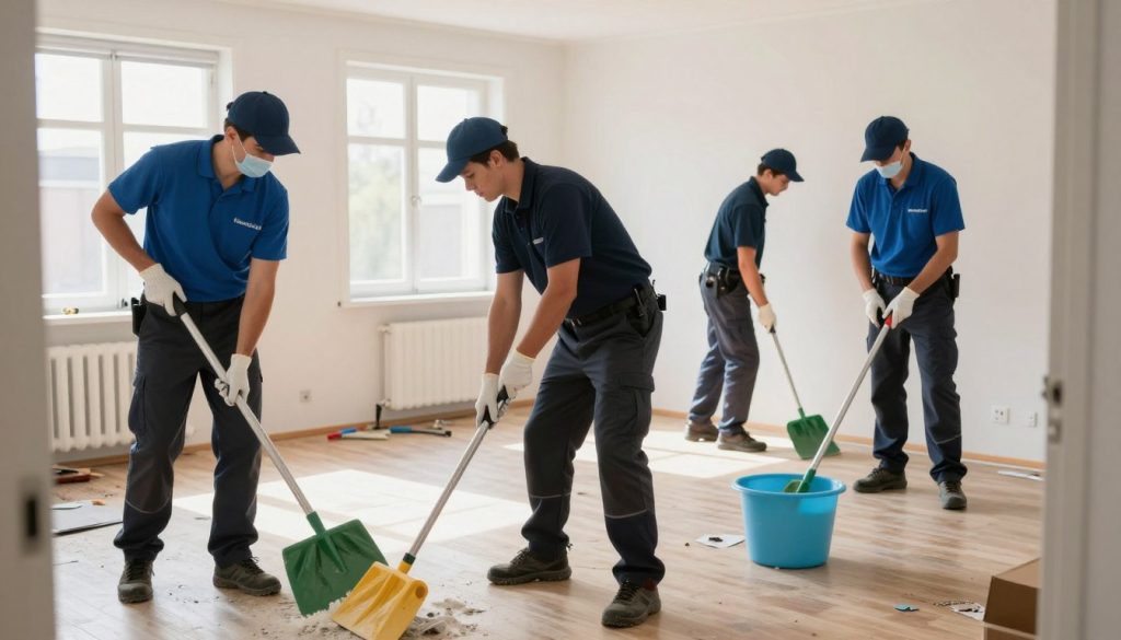 Professionellt team som utför röjning och sanering av lägenhet