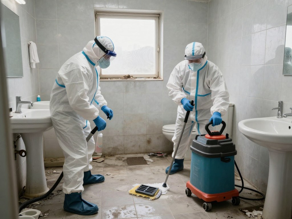 Professionellt team utför sanering av ett kraftigt nedsmutsat badrum