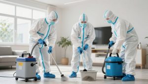 Professionellt team utför sanering efter liklukt med specialutrustning