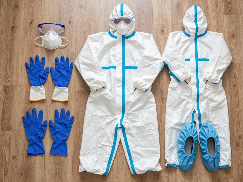 Skyddsutrustning som används vid sanering efter hoarding, inklusive handskar, masker och skyddskläder