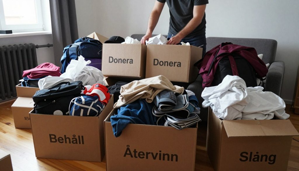 Systematisk röjning av lägenhet med sorterade högar och märkta lådor